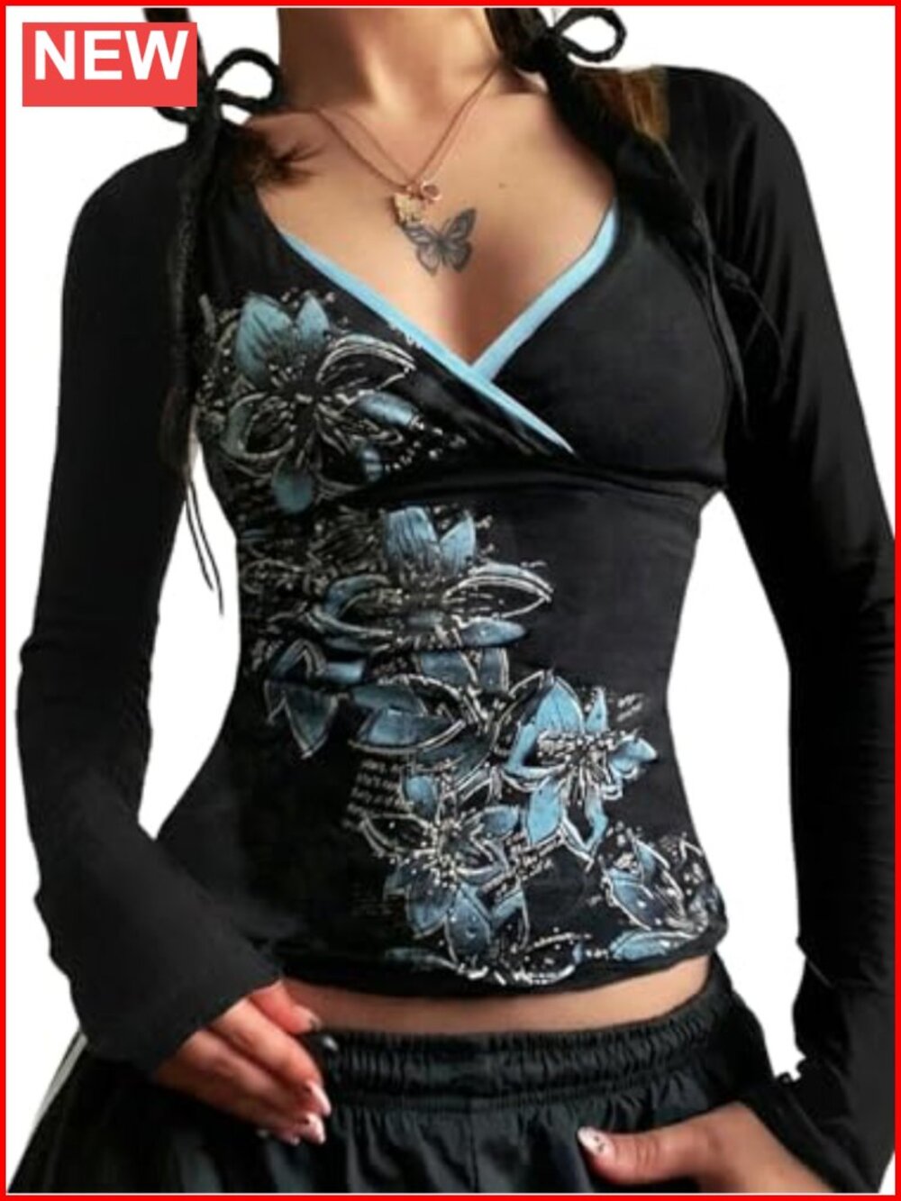Y2K Grunge Floral V-Neck Long Sleeve Crop Top Tee